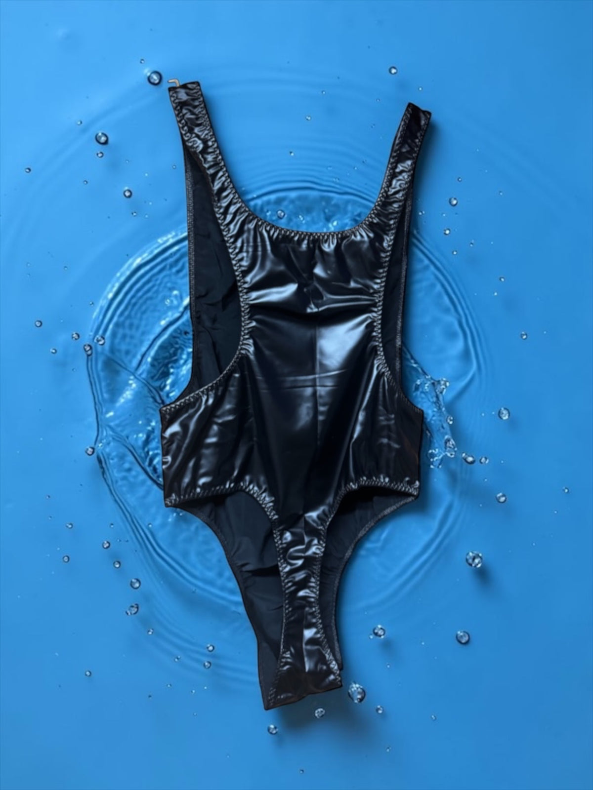 Back view of men's black faux leather thong bodysuit displayed against a blue water background.