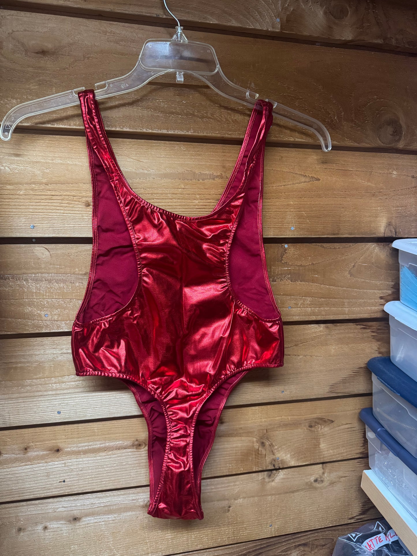 Men's metallic red high-cut bodysuit handmade by Bikini Sandi, back view