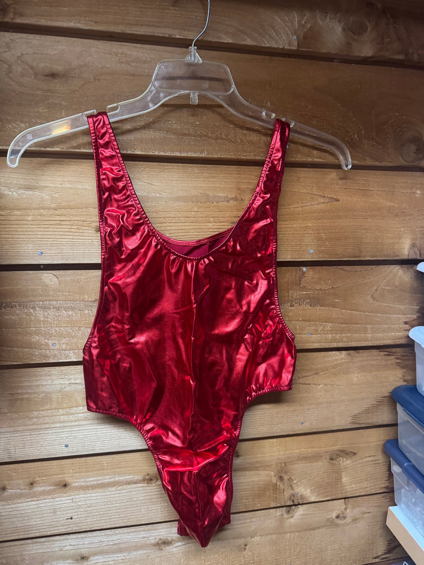 Men's metallic red high-cut bodysuit handmade by Bikini Sandi, front view