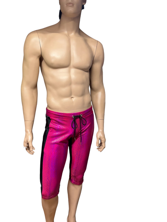 Red holographic snake scale  3/4 length leggings with black side pockets