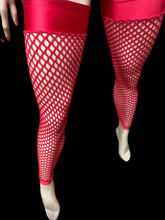 Red thigh high fishnet leggings