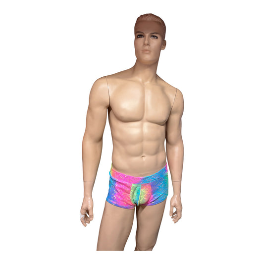 Men’s rainbow scale-print booty shorts shown on a mannequin