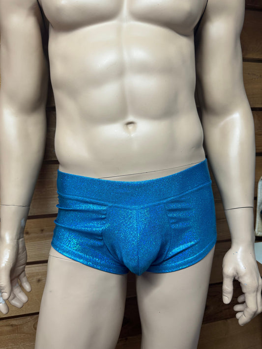 Men's blue holographic booty shorts