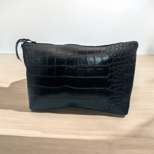 Chic Black Faux Crocodile Makeup Bag - Travel in Style!