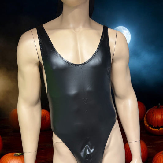 Black Thong Bodysuit for Men - Vegan Leather Design