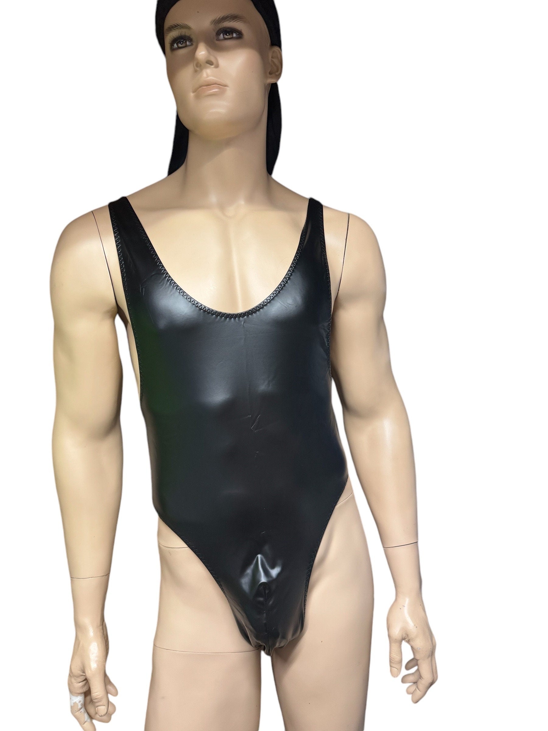 Black Thong Bodysuit for Men - Vegan Leather Design