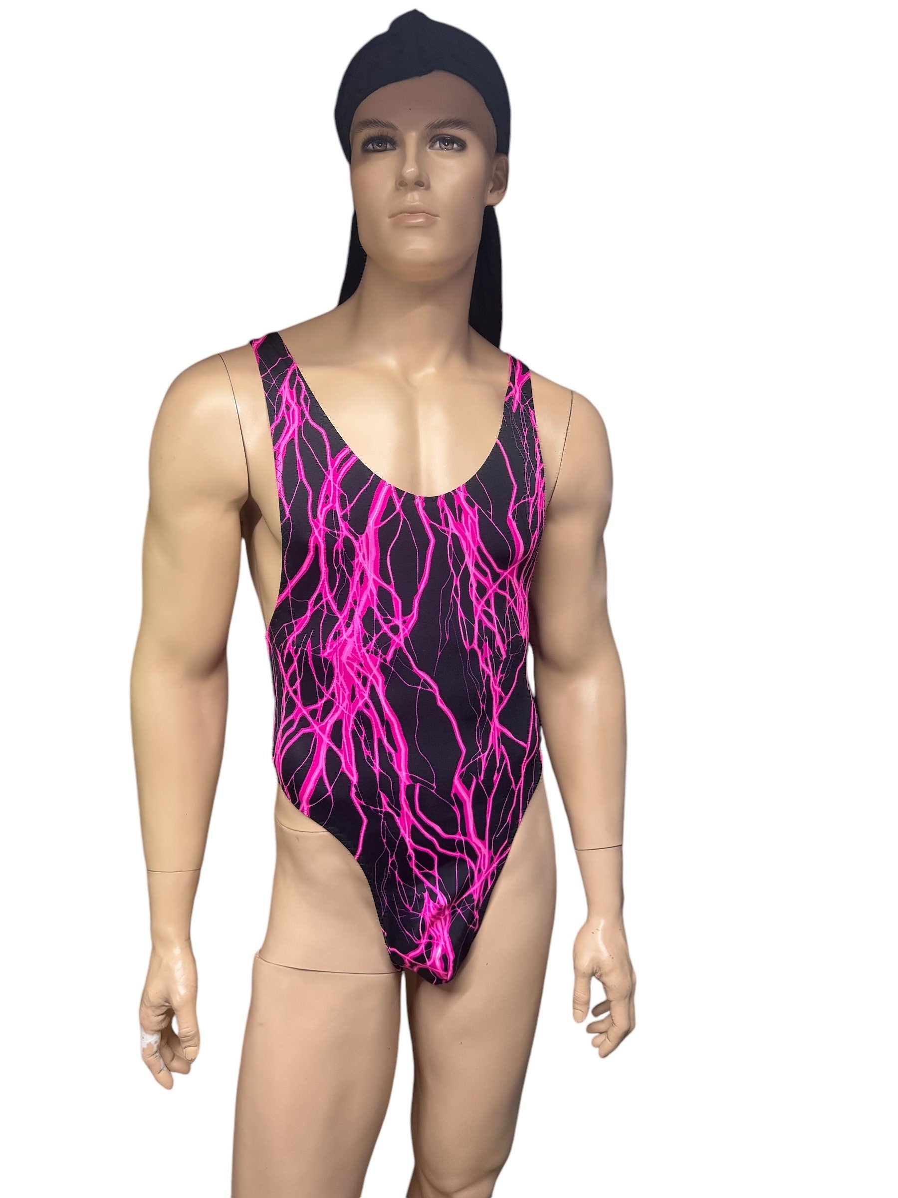 Edgy Black and Pink Lightning Men's Thong Bodysuit