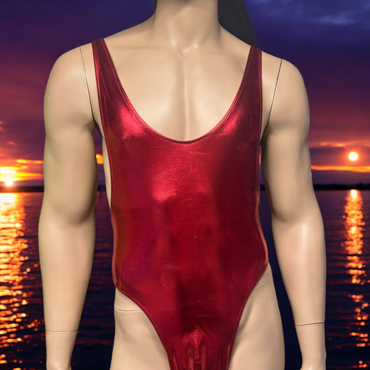 Bold Red Faux Leather Men's Thong Bodysuit - Metallic Shine!