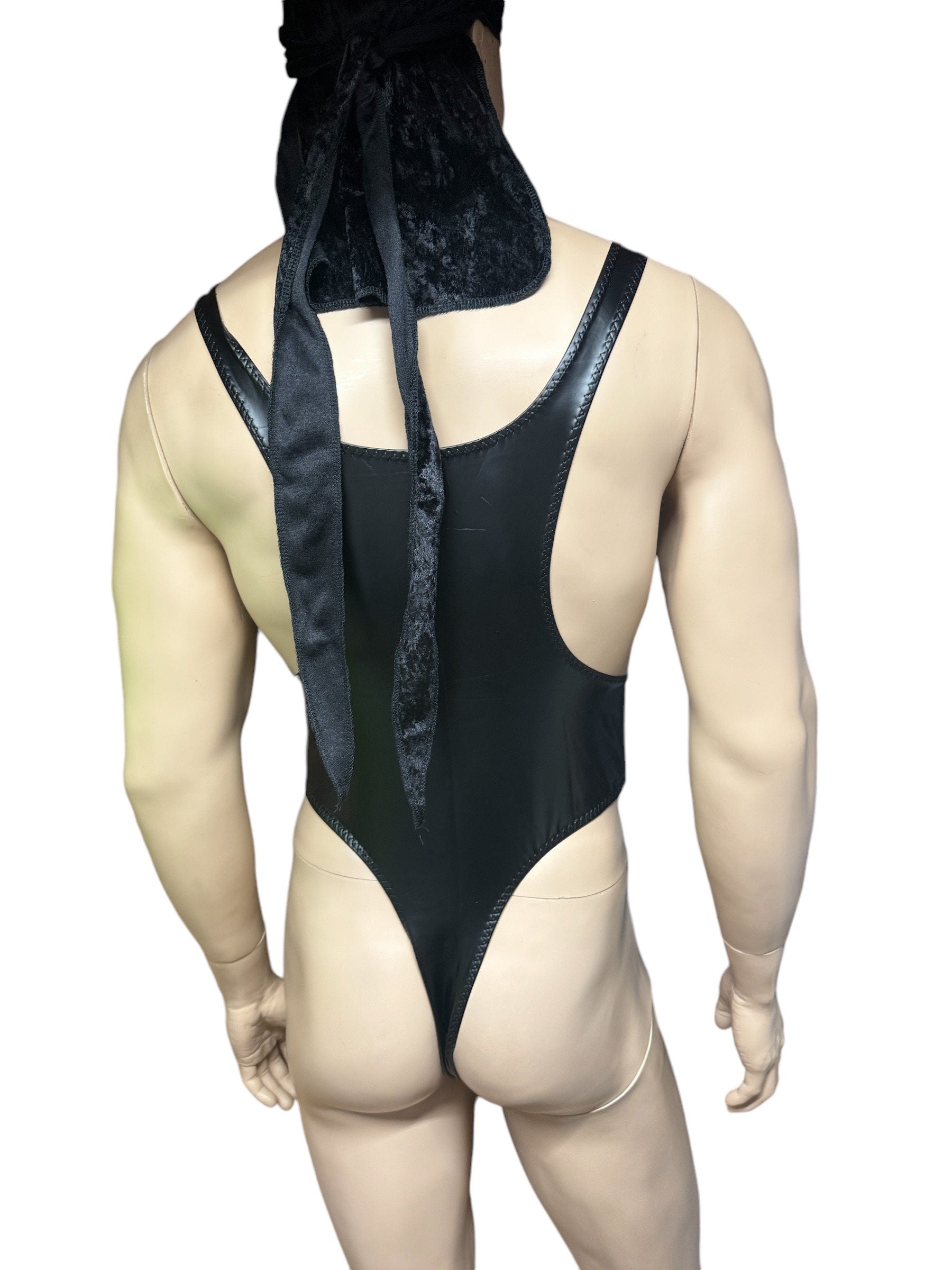 Black Thong Bodysuit for Men - Vegan Leather Design