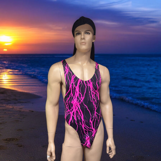 Edgy Black and Pink Lightning Men's Thong Bodysuit