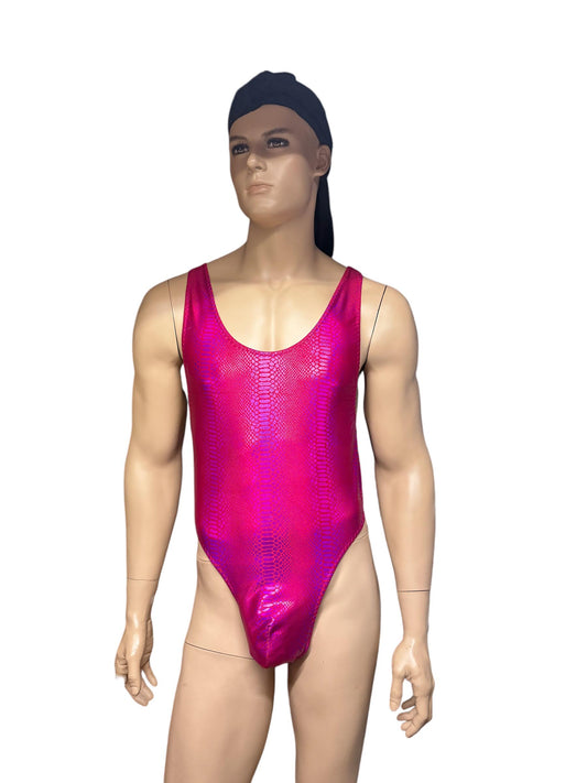 Men's Red Holographic Snake Scale Thong Bodysuit - Fierce & Bold