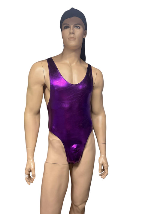 Shiny Purple Metallic Bodysuit for Men - Sleek and Daring Look