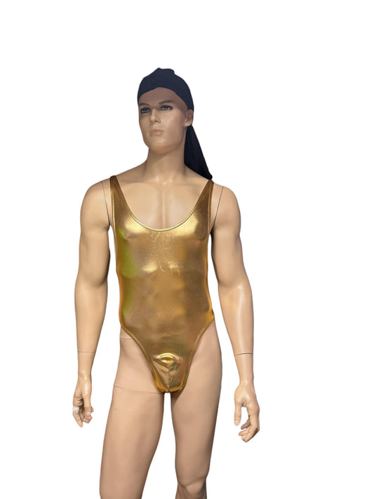 Shiny Gold Thong Bodysuit for Men - Bold & Daring Style