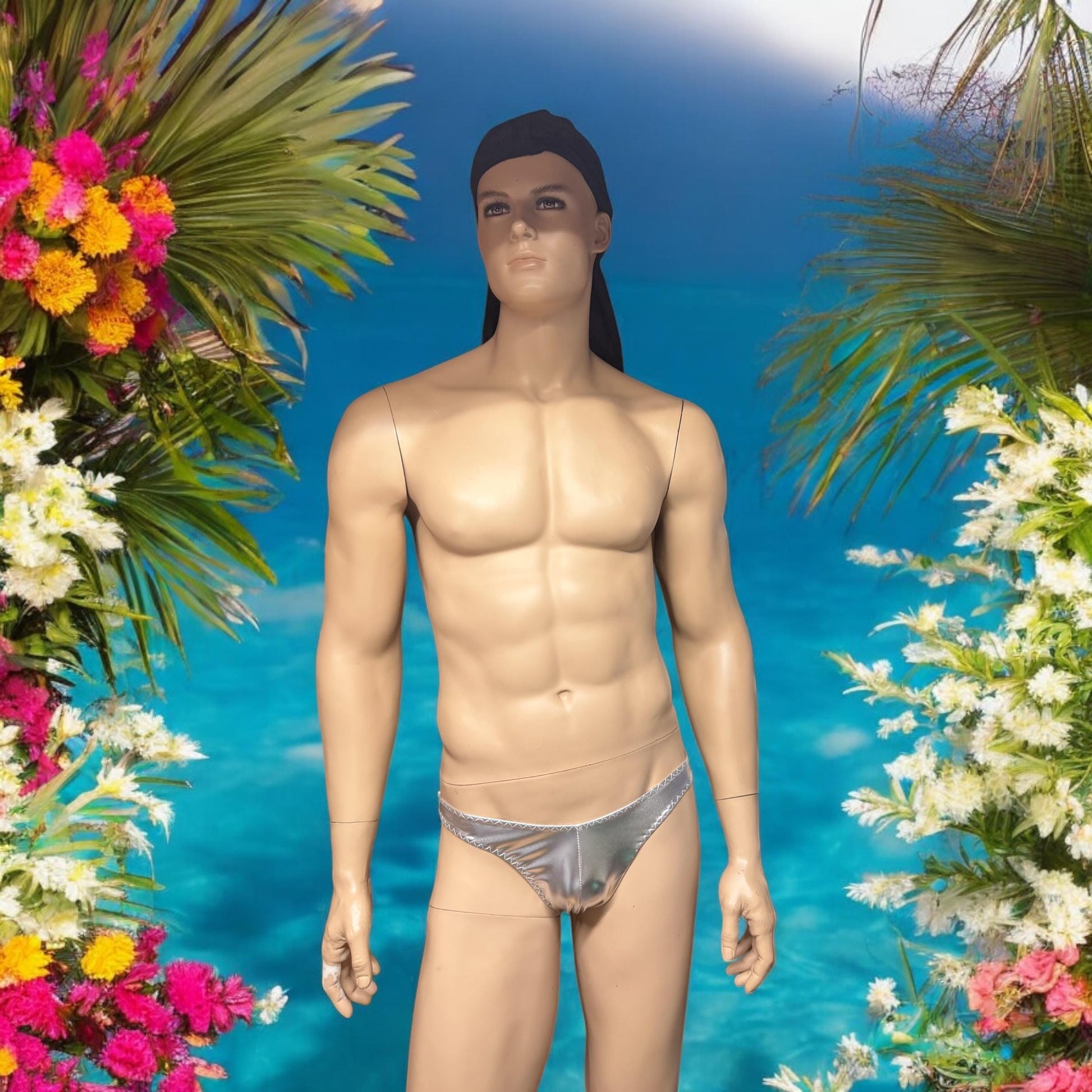 Stylish Men's Silver Faux Leather Swim Thong Briefs