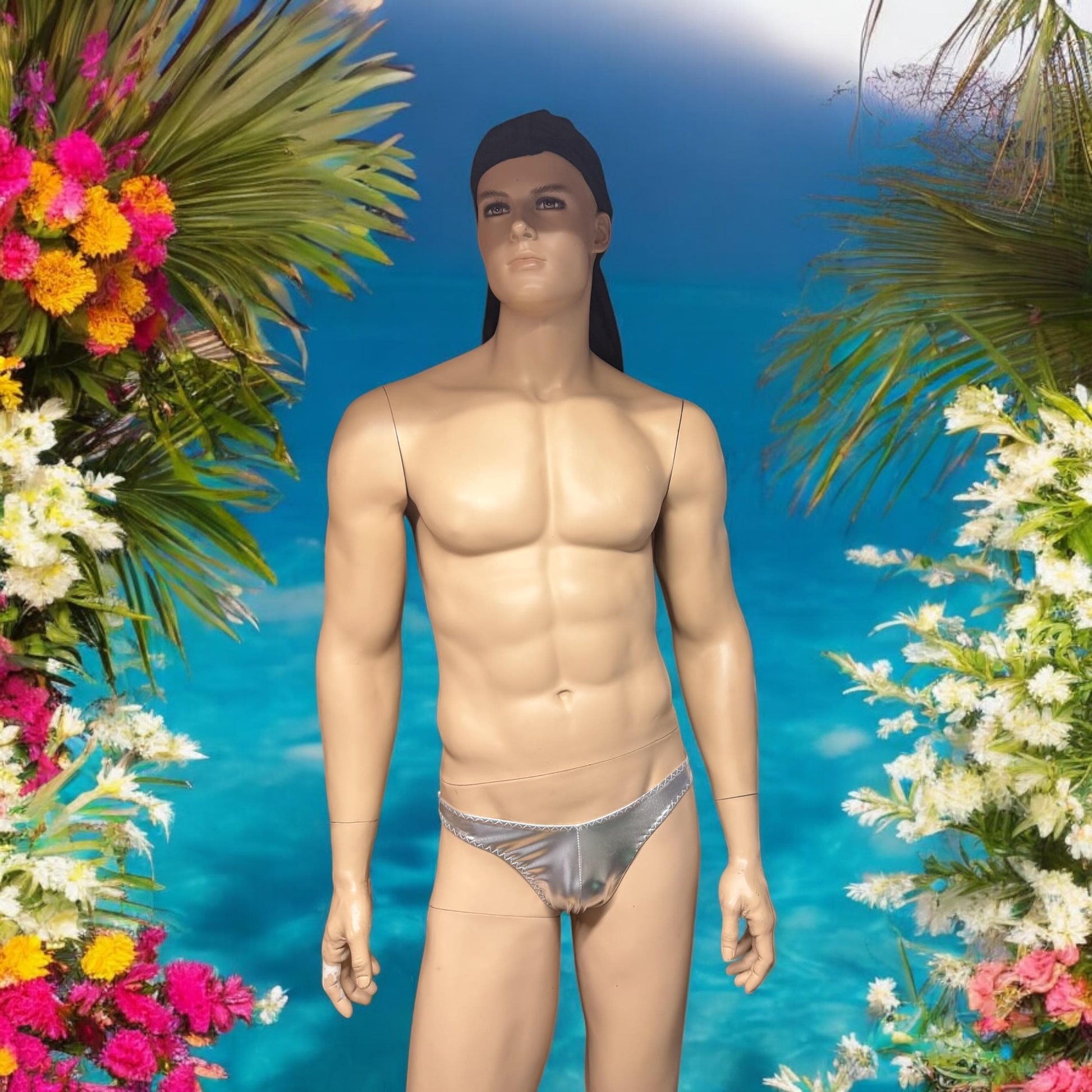 Trendy Men's Swim Briefs in Shiny Silver Faux Leather