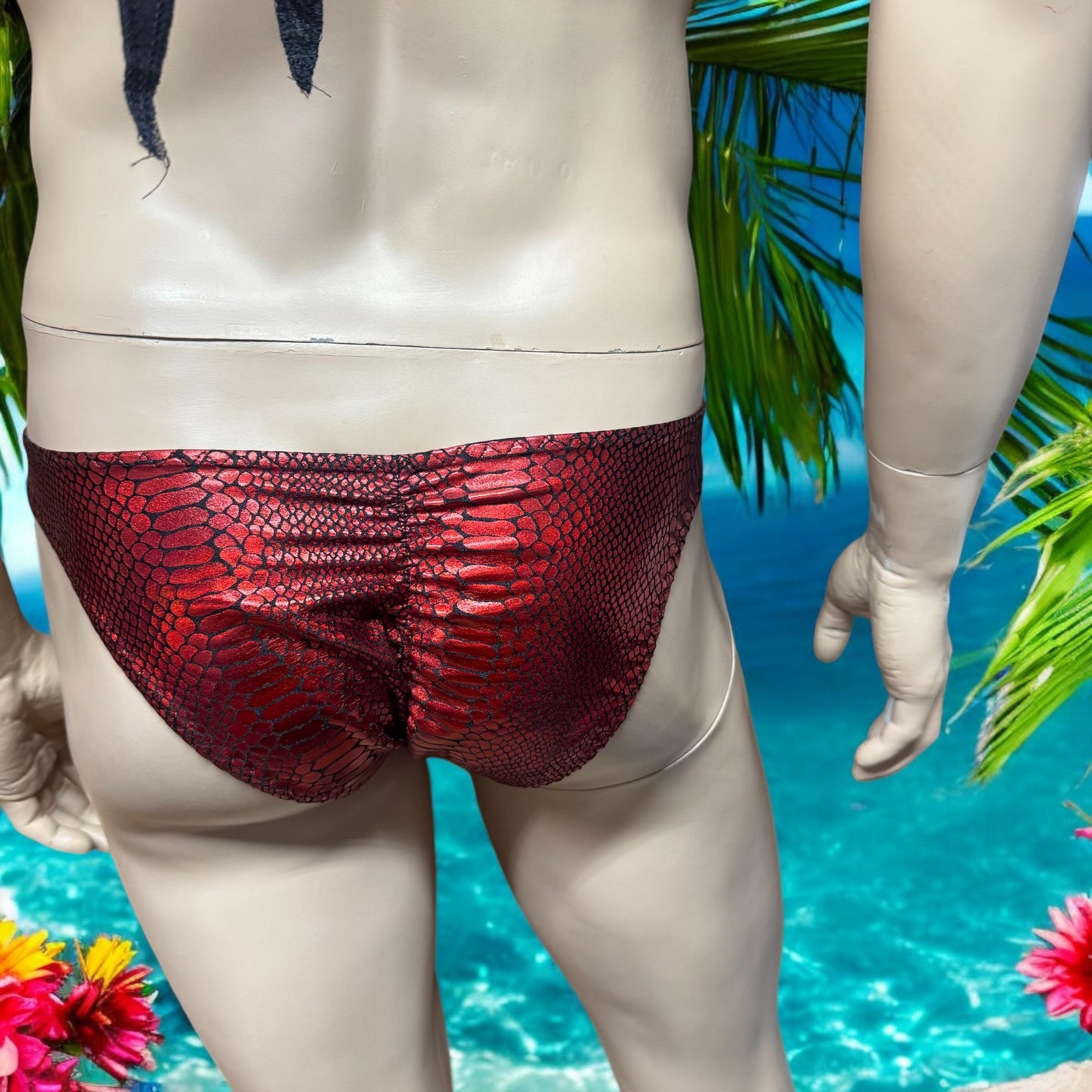 Men's Holographic Red Snake Print Swim Briefs - Bold & Stylish