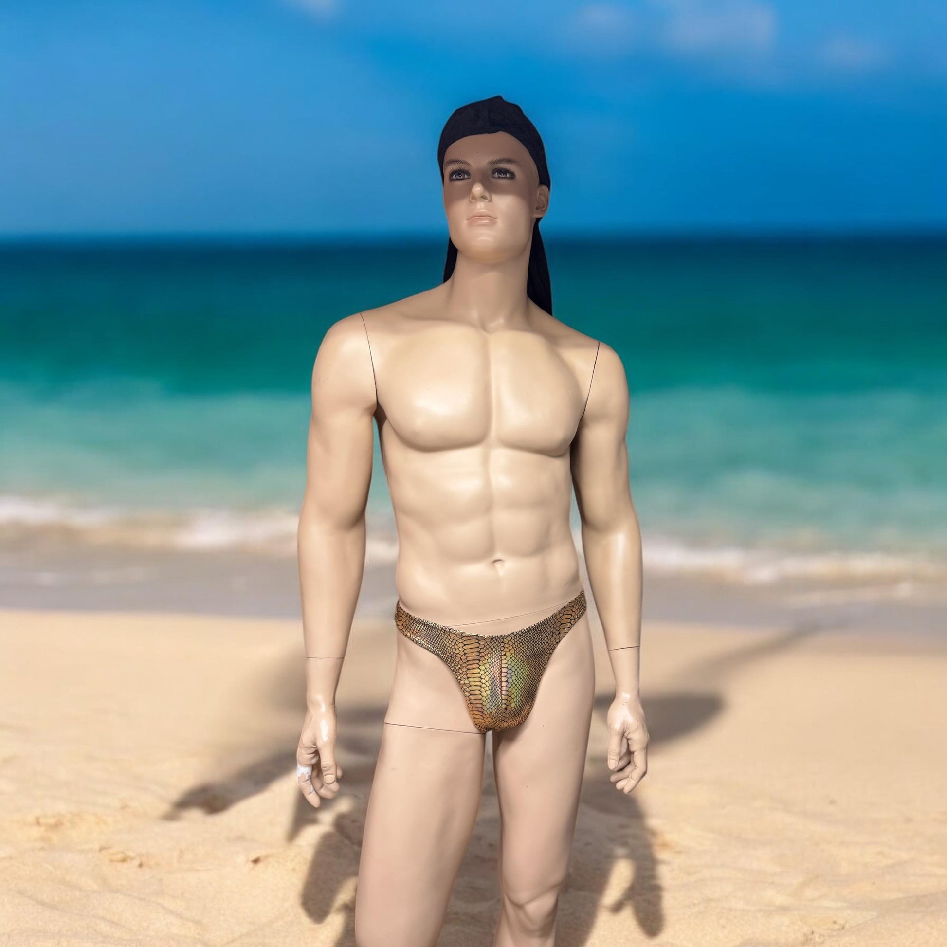 Holographic Gold Snake Scale Bikini Thong for Men