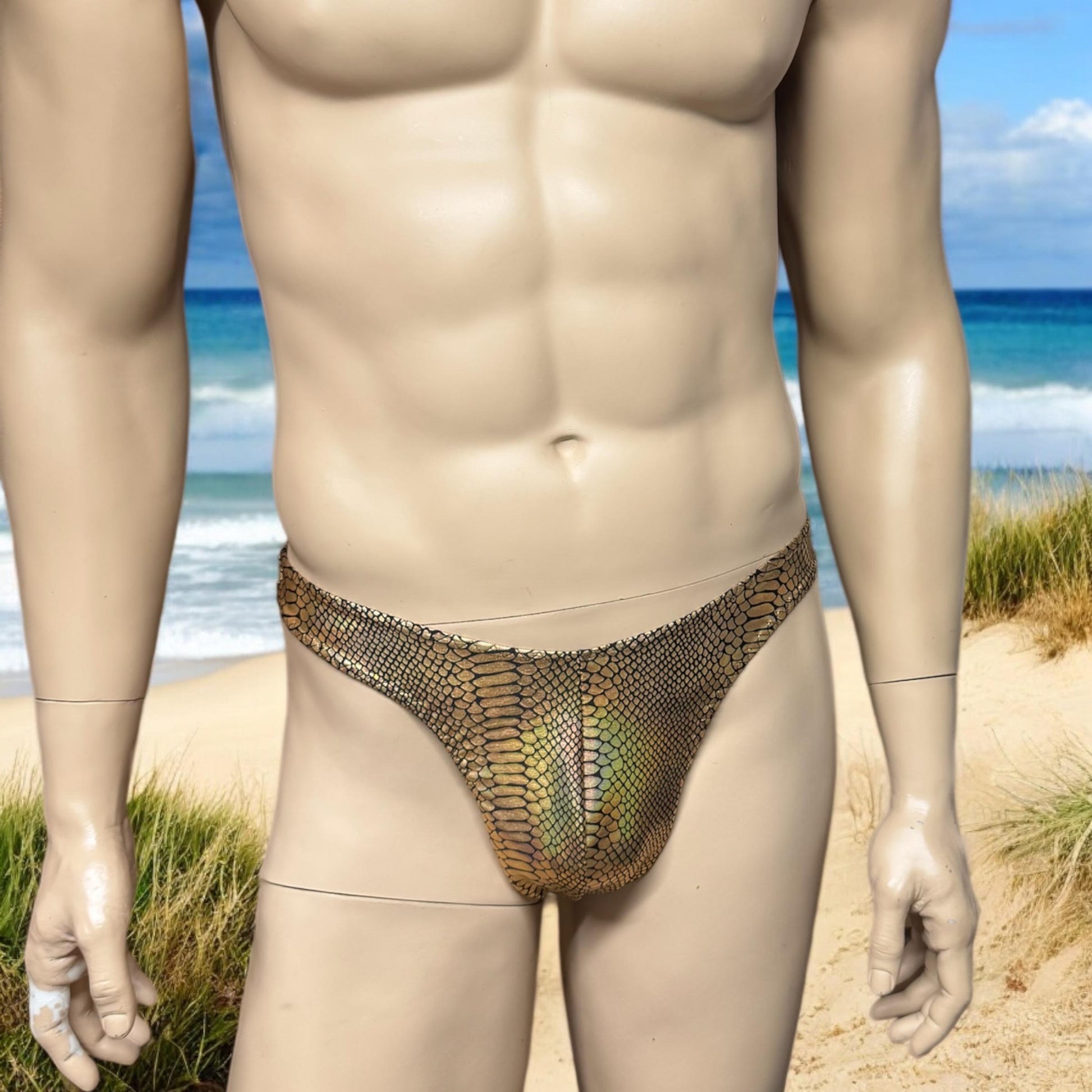 Holographic Gold Snake Scale Bikini Thong for Men