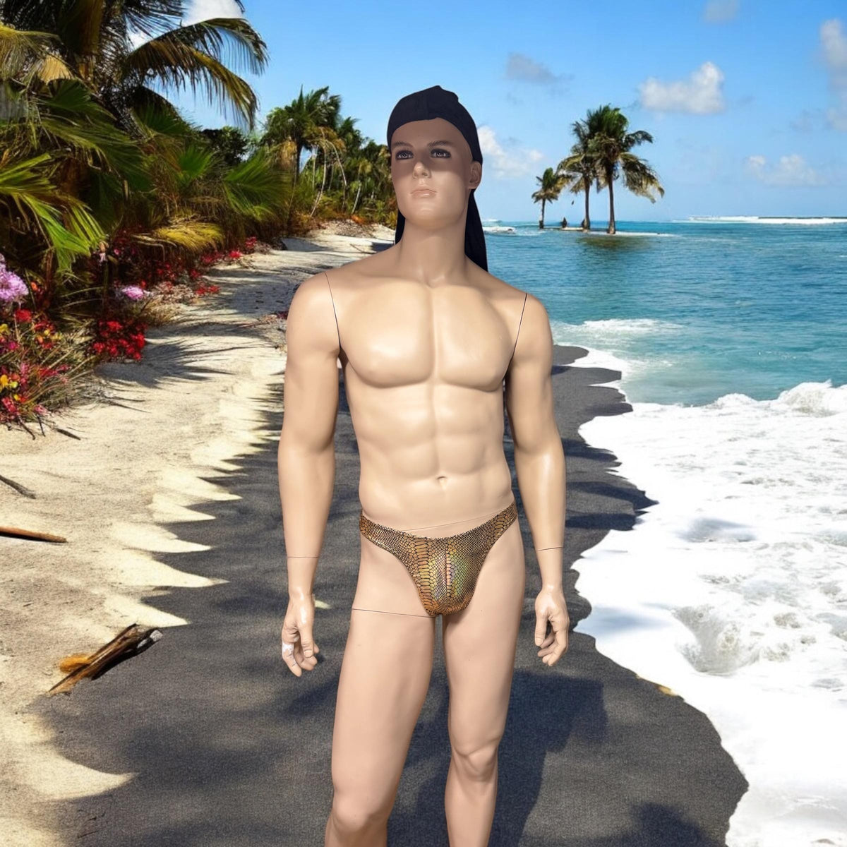 Holographic Gold Snake Scale Bikini Thong for Men