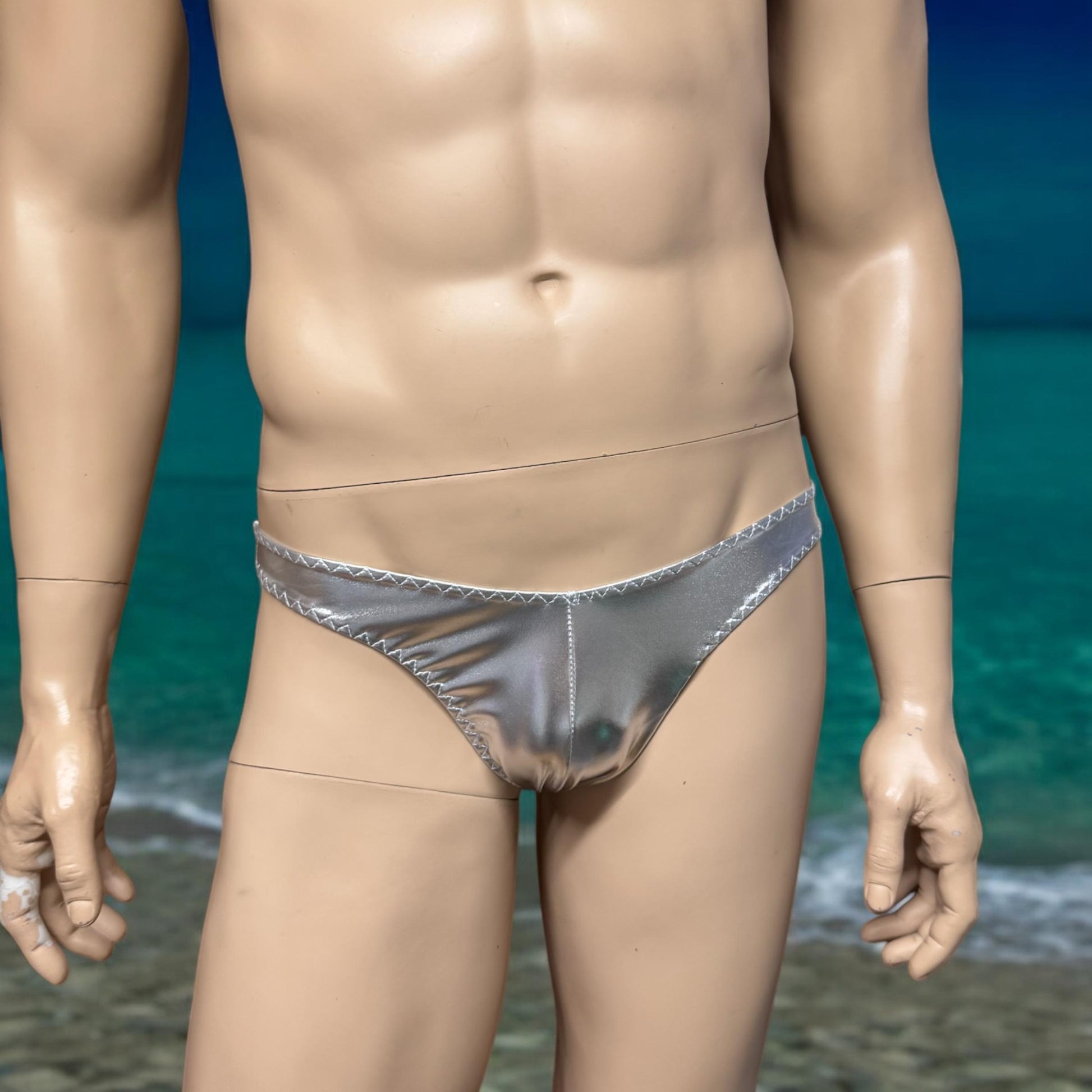 Trendy Men's Swim Briefs in Shiny Silver Faux Leather