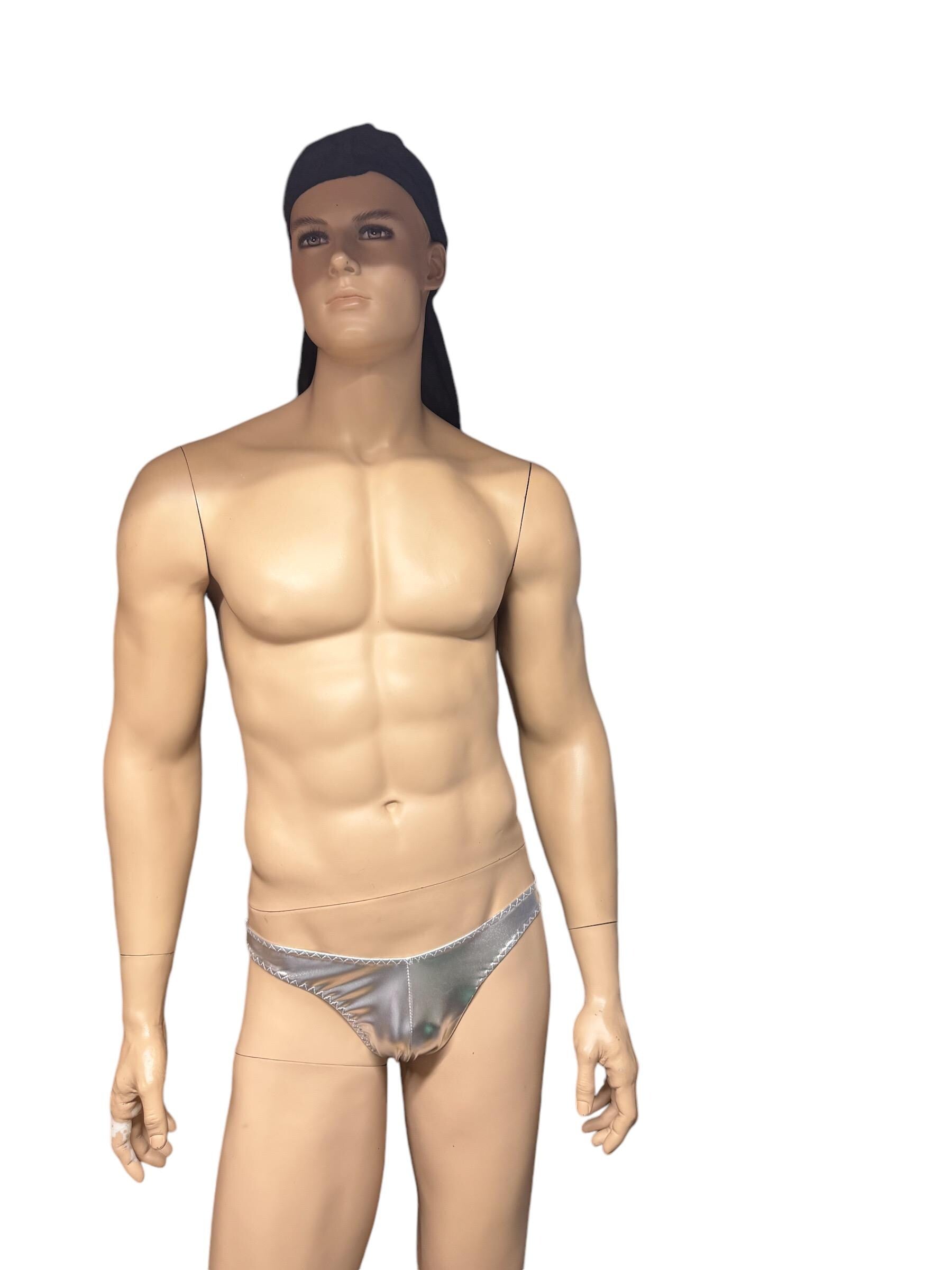 Trendy Men's Swim Briefs in Shiny Silver Faux Leather