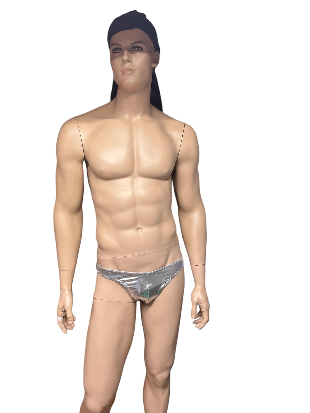 Stylish Men's Silver Faux Leather Swim Thong Briefs