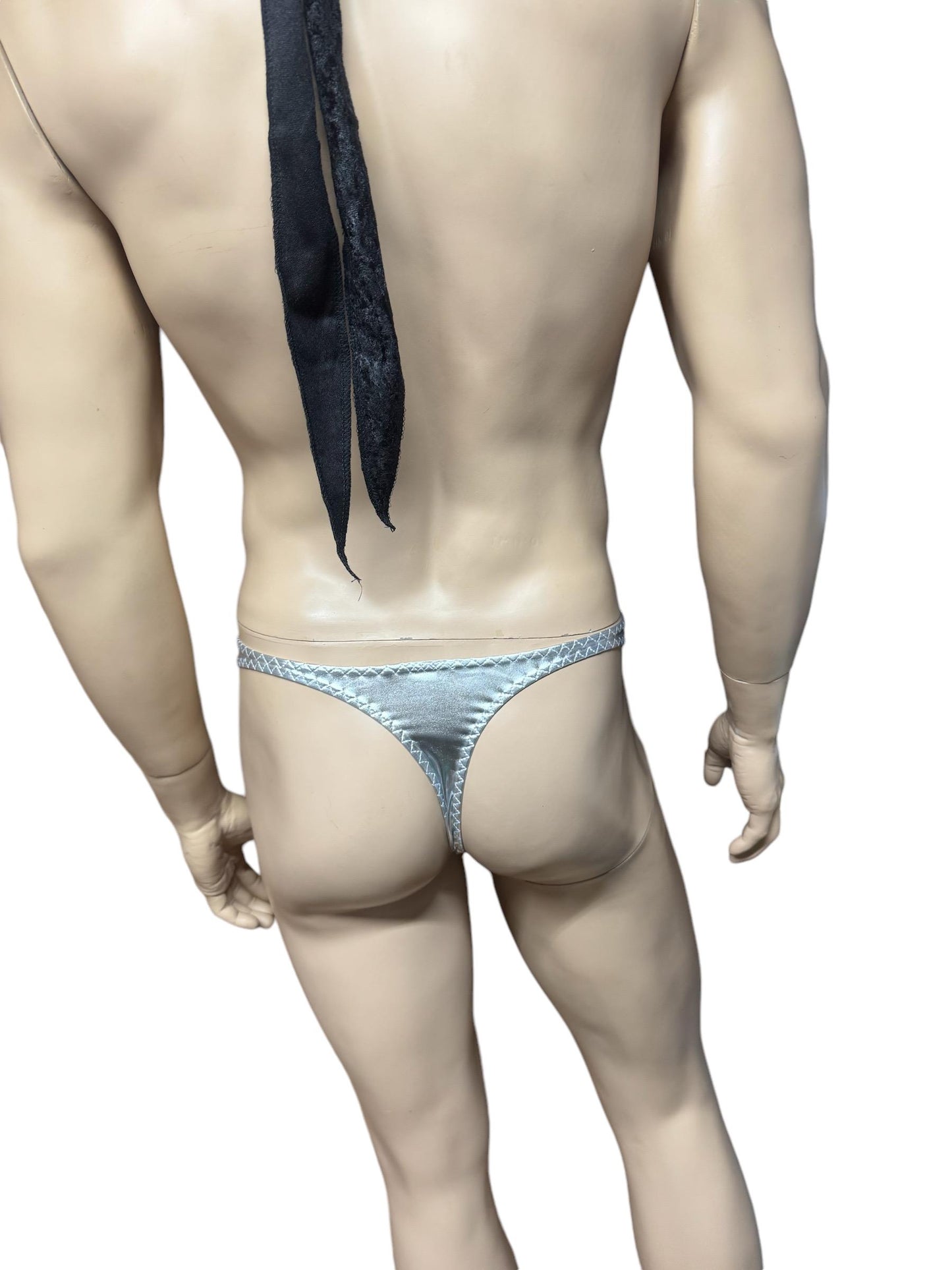 Stylish Men's Silver Faux Leather Swim Thong Briefs
