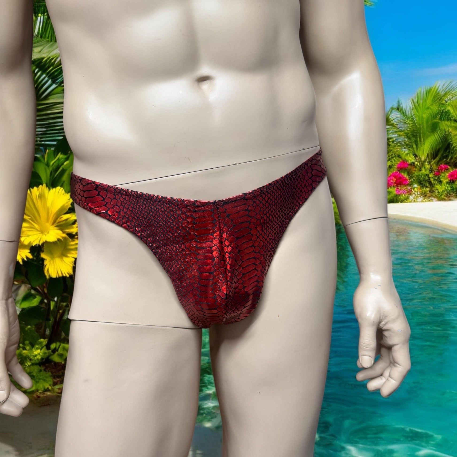 Vibrant Red Holographic Snake Print Men's Thong Swimwear