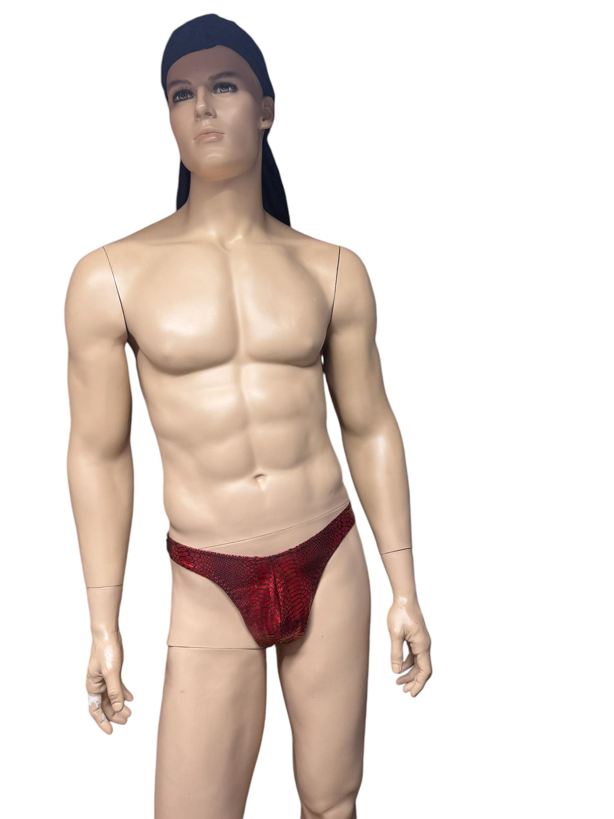 Vibrant Red Holographic Snake Print Men's Thong Swimwear