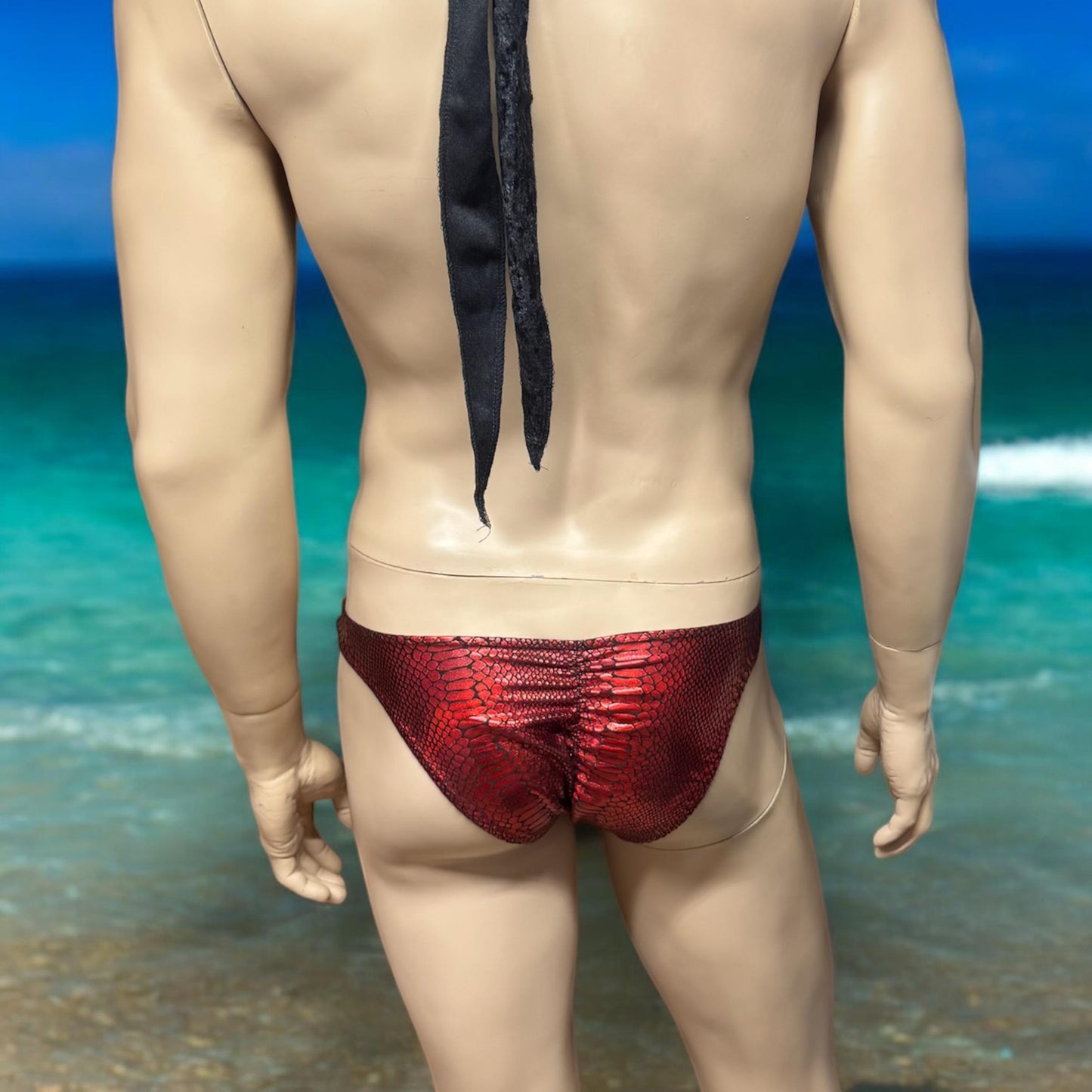 Men's Holographic Red Snake Print Swim Briefs - Bold & Stylish