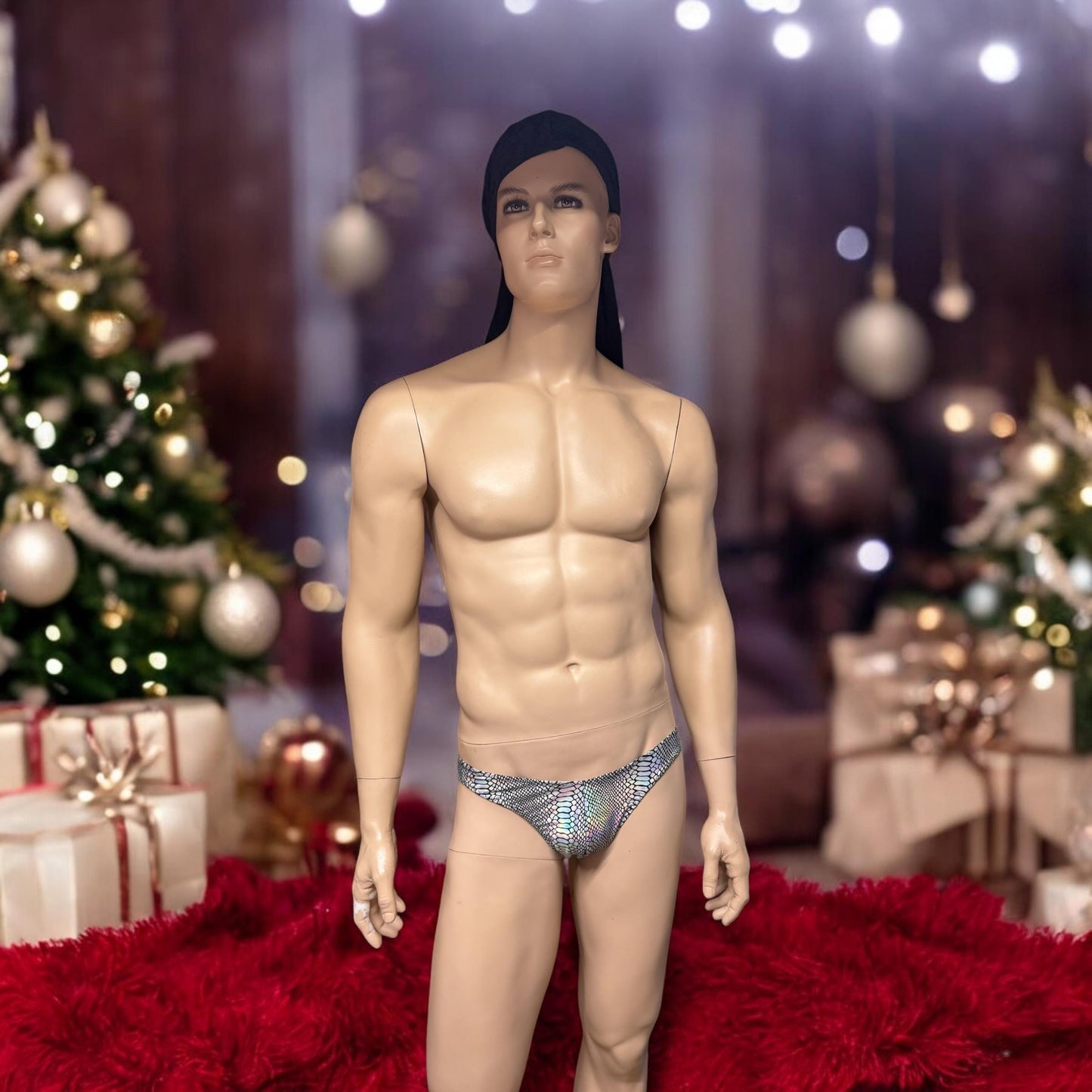Men's Holographic Snake Print Silver Swim Briefs