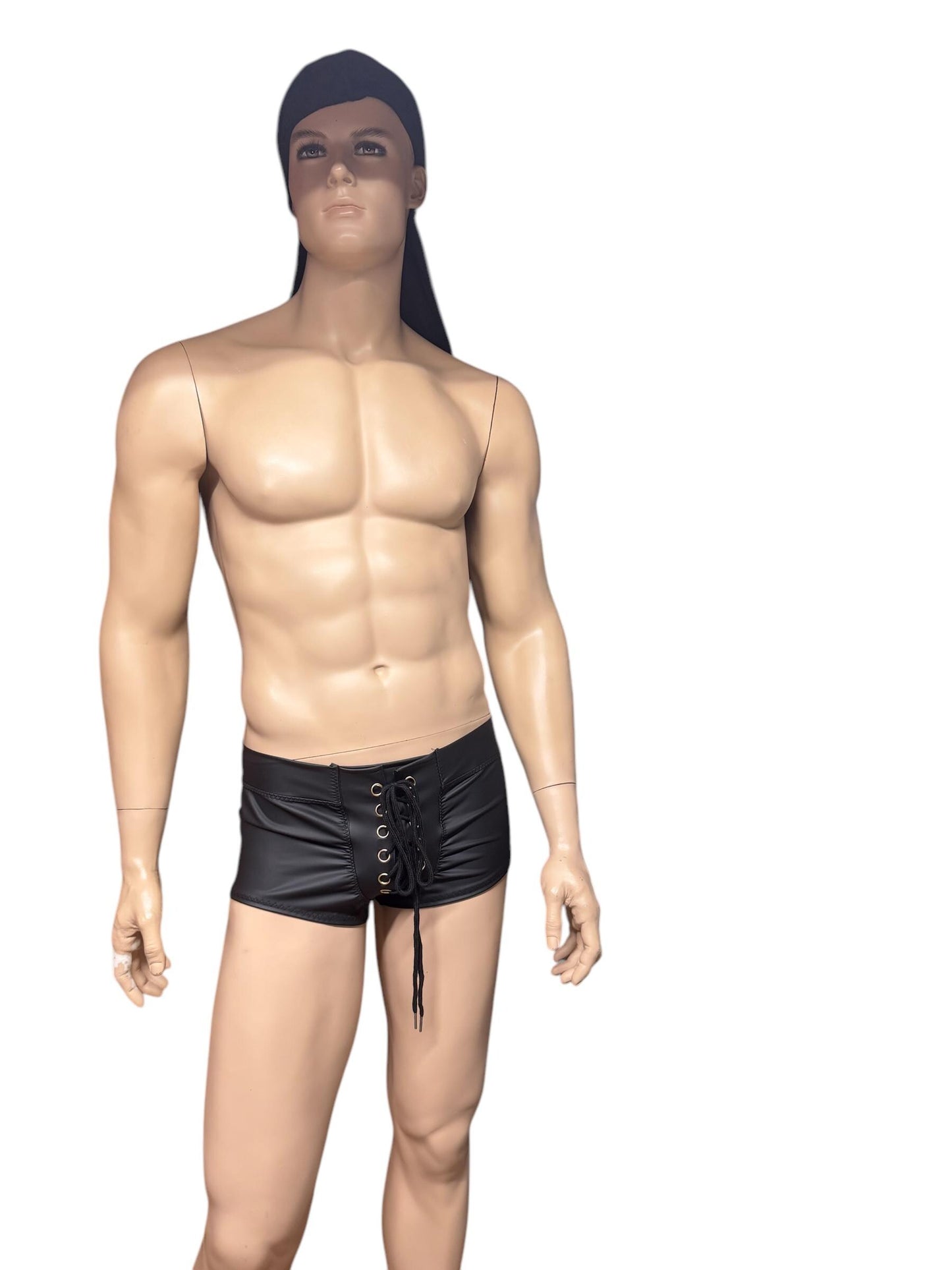 Men's Black Faux Leather Lace-up Booty Shorts - Edgy Clubwear