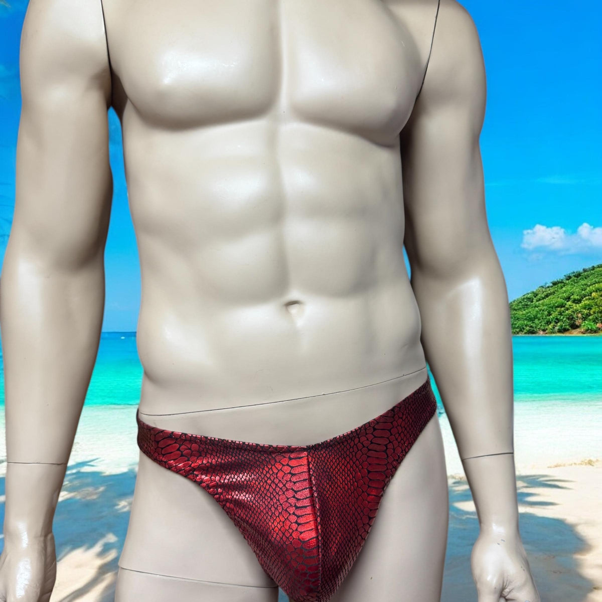 Vibrant Red Holographic Snake Print Men's Thong Swimwear