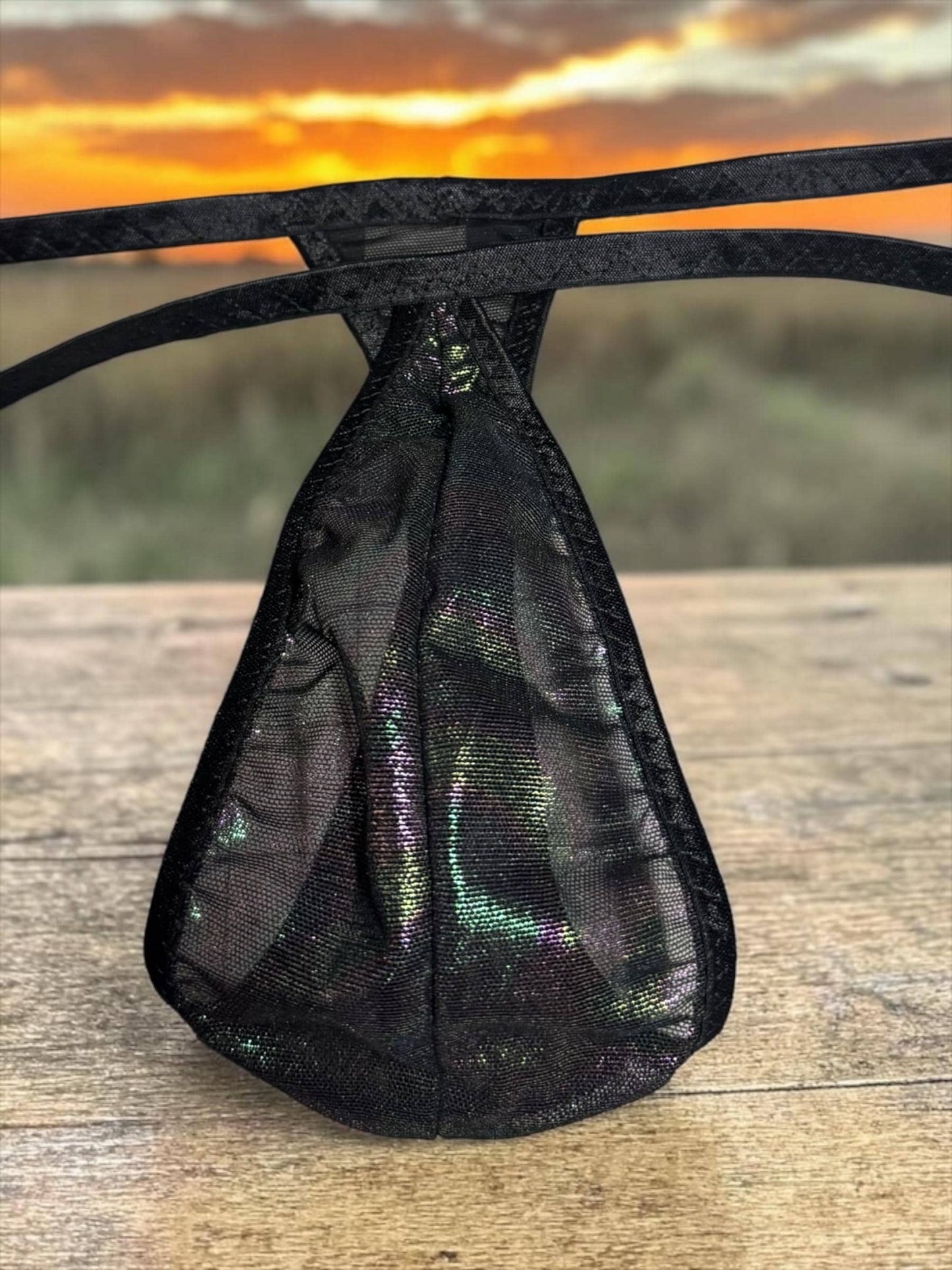 Metallic Rainbow Black Mesh Teardrop Thong for Men