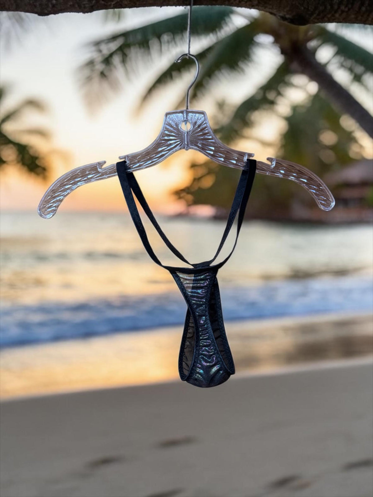 Metallic Rainbow Black Mesh Teardrop Thong for Men