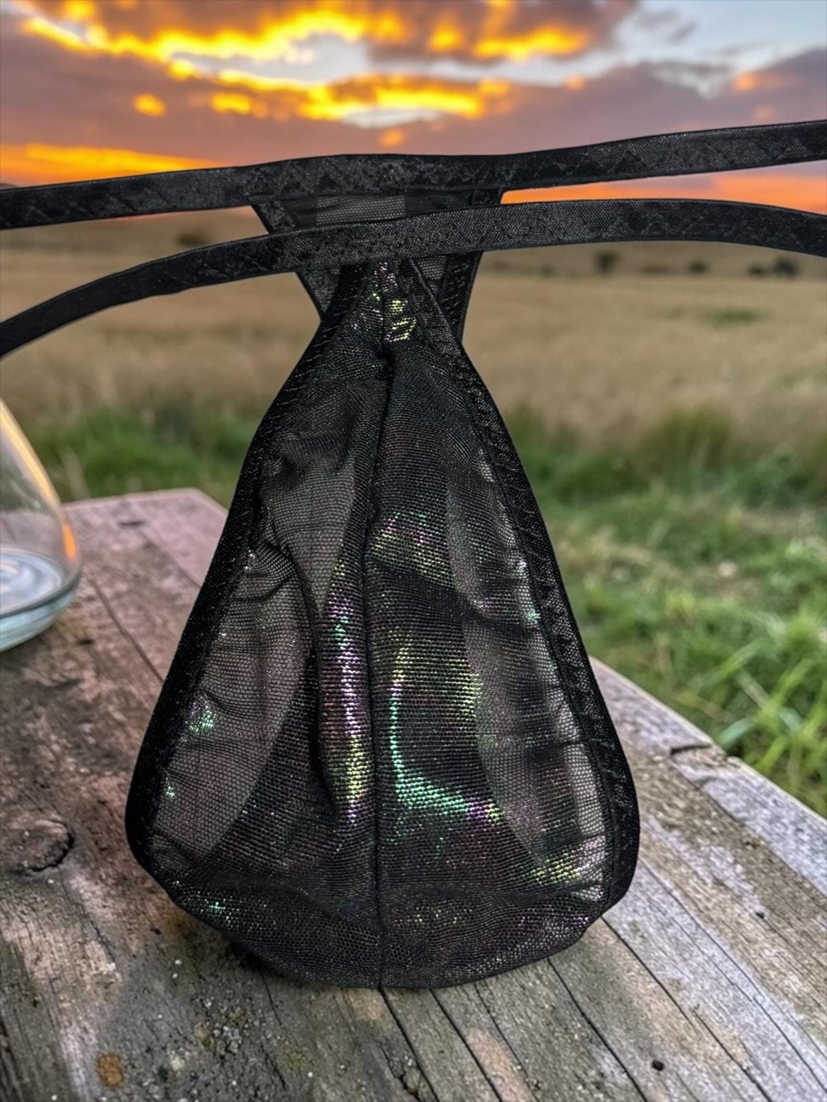 Metallic Rainbow Black Mesh Teardrop Thong for Men