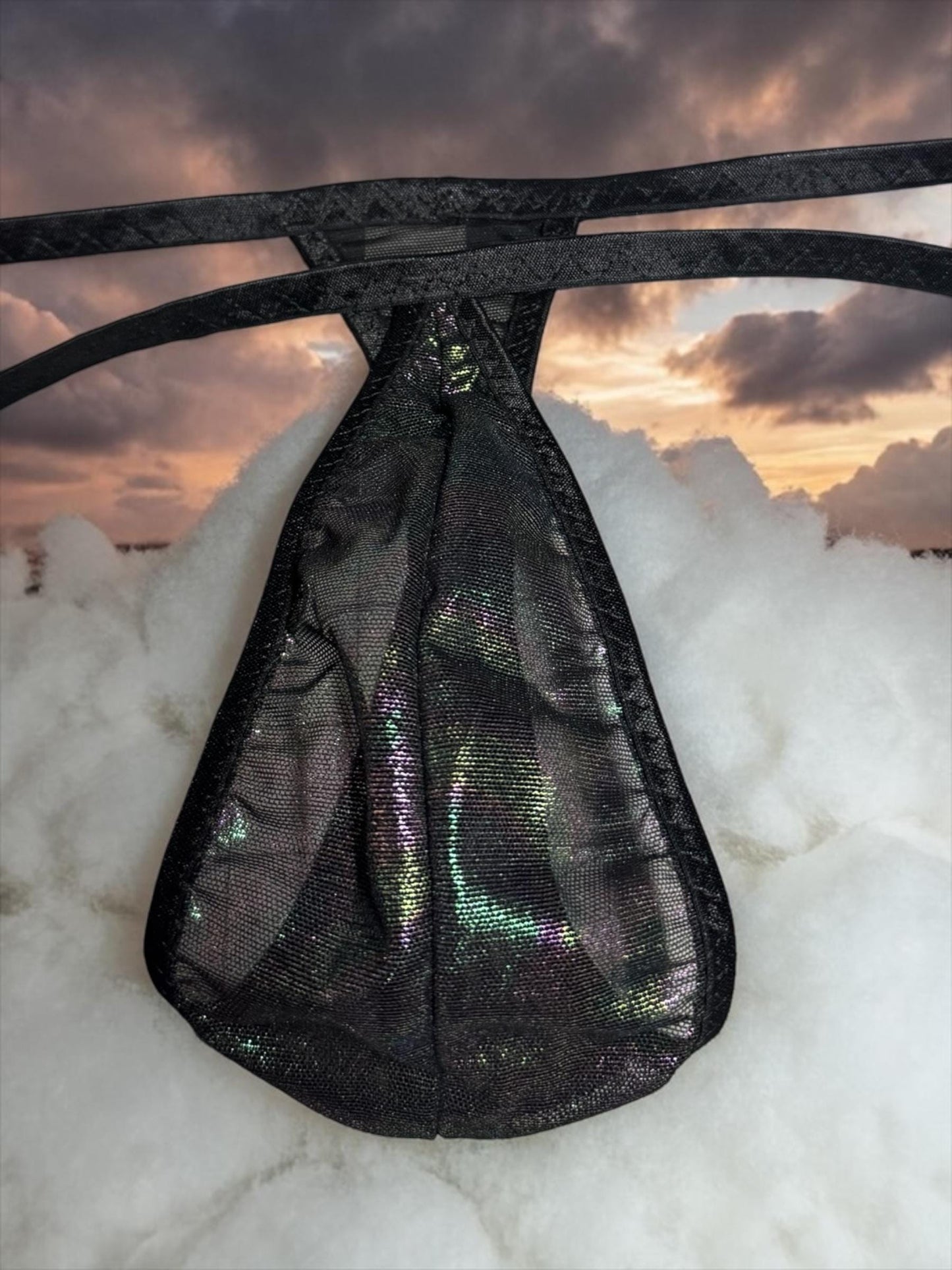 Metallic Rainbow Black Mesh Teardrop Thong for Men