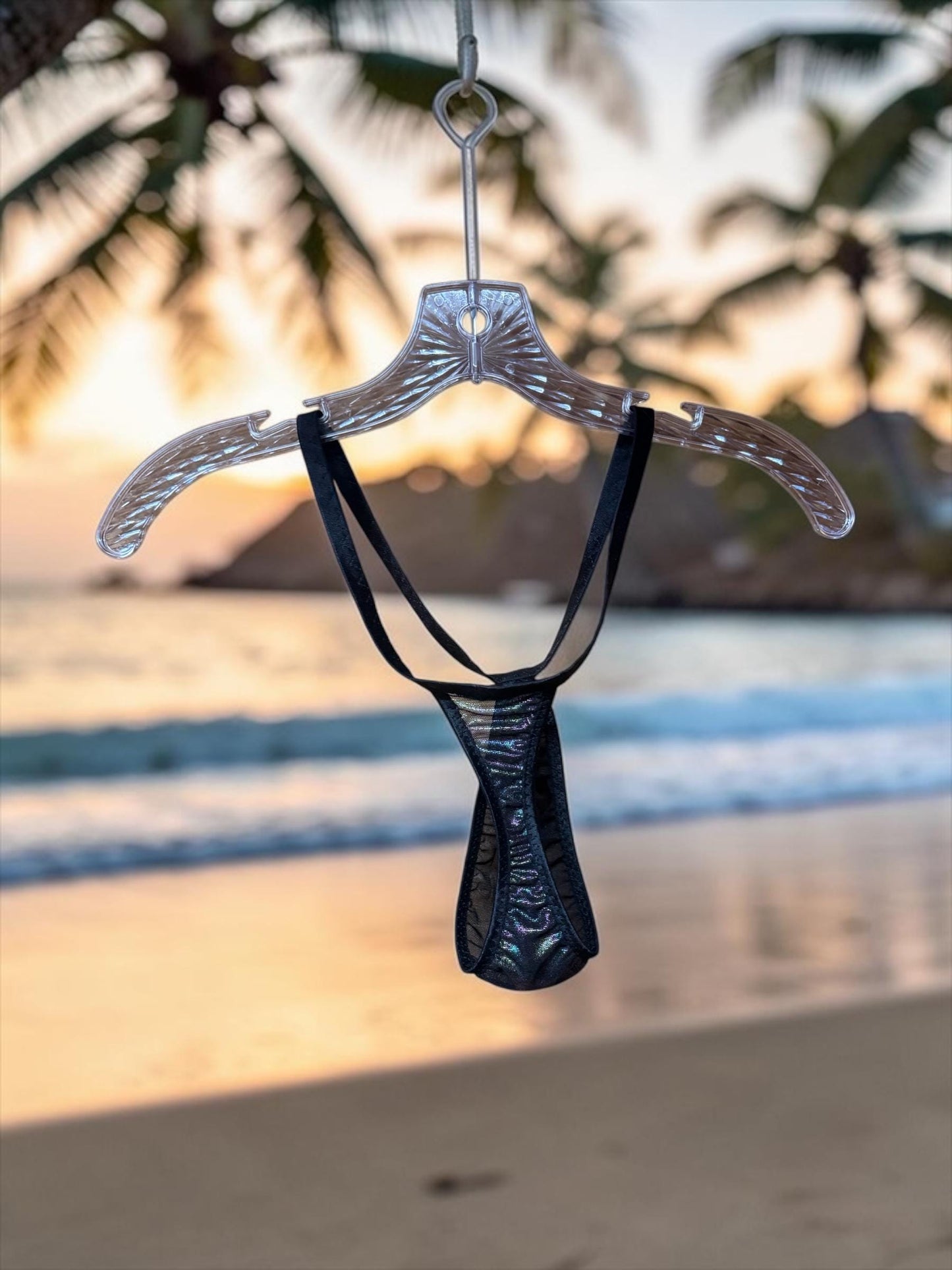 Metallic Rainbow Black Mesh Teardrop Thong for Men