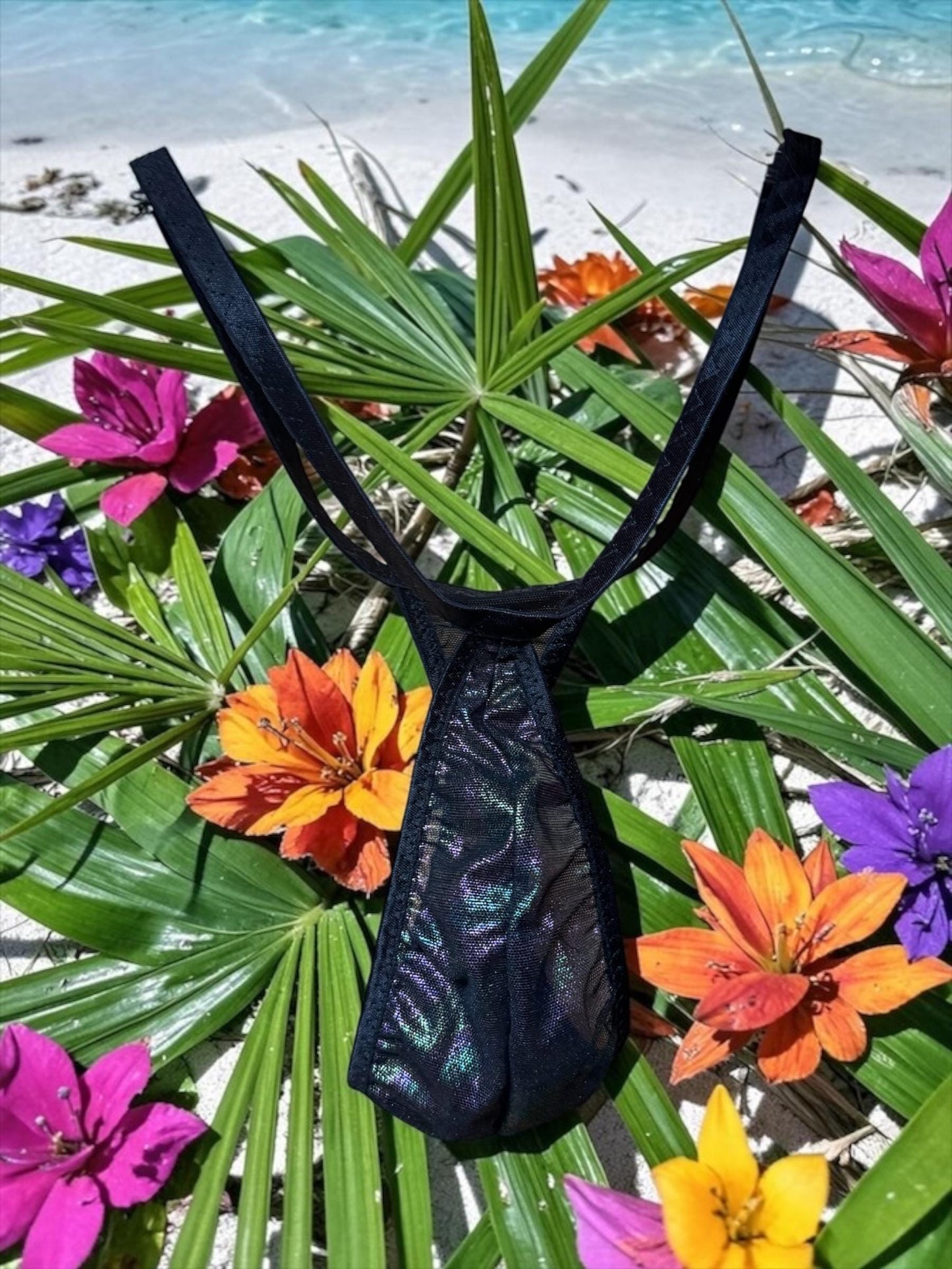 Metallic Rainbow Black Mesh Teardrop Thong for Men