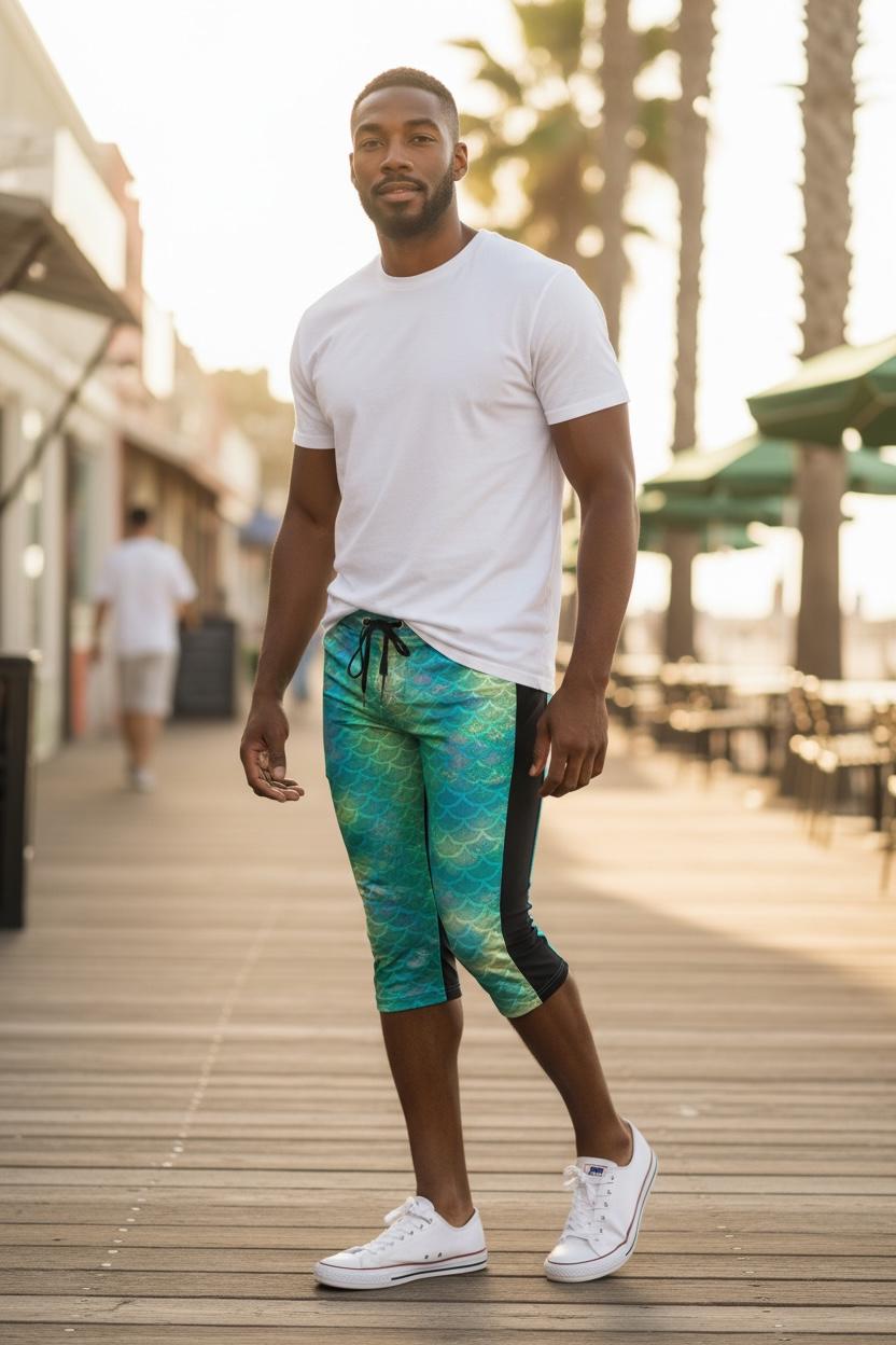 Men's Mermaid Scale Holographic Legging - 3/4 Length with Side Pockets
