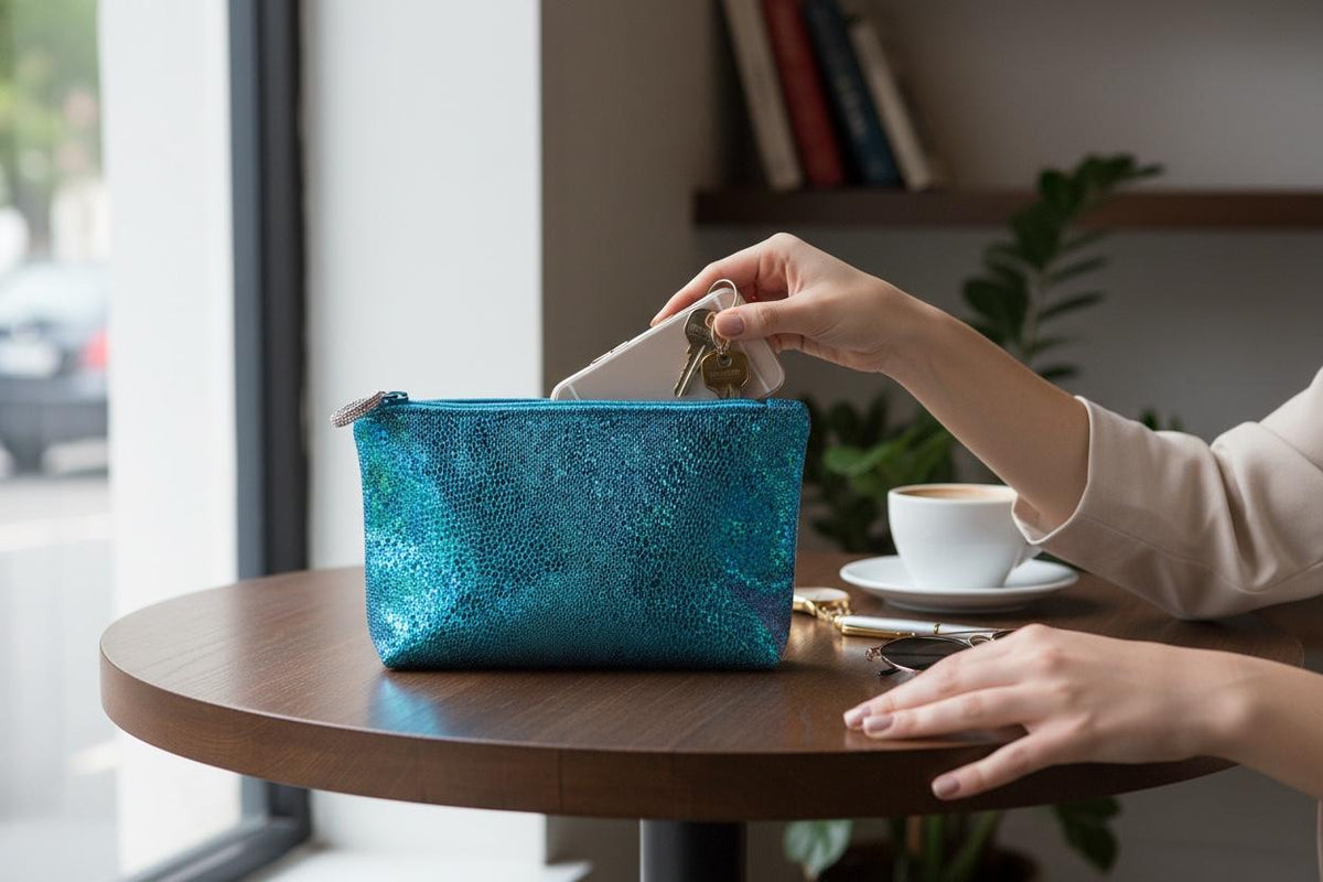 Blue holographic cosmetic zipper pouch displayed in a sewing workspace