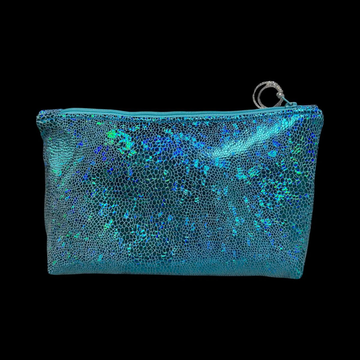 Front view of shimmering turquoise blue holographic cosmetic bag against a dark background