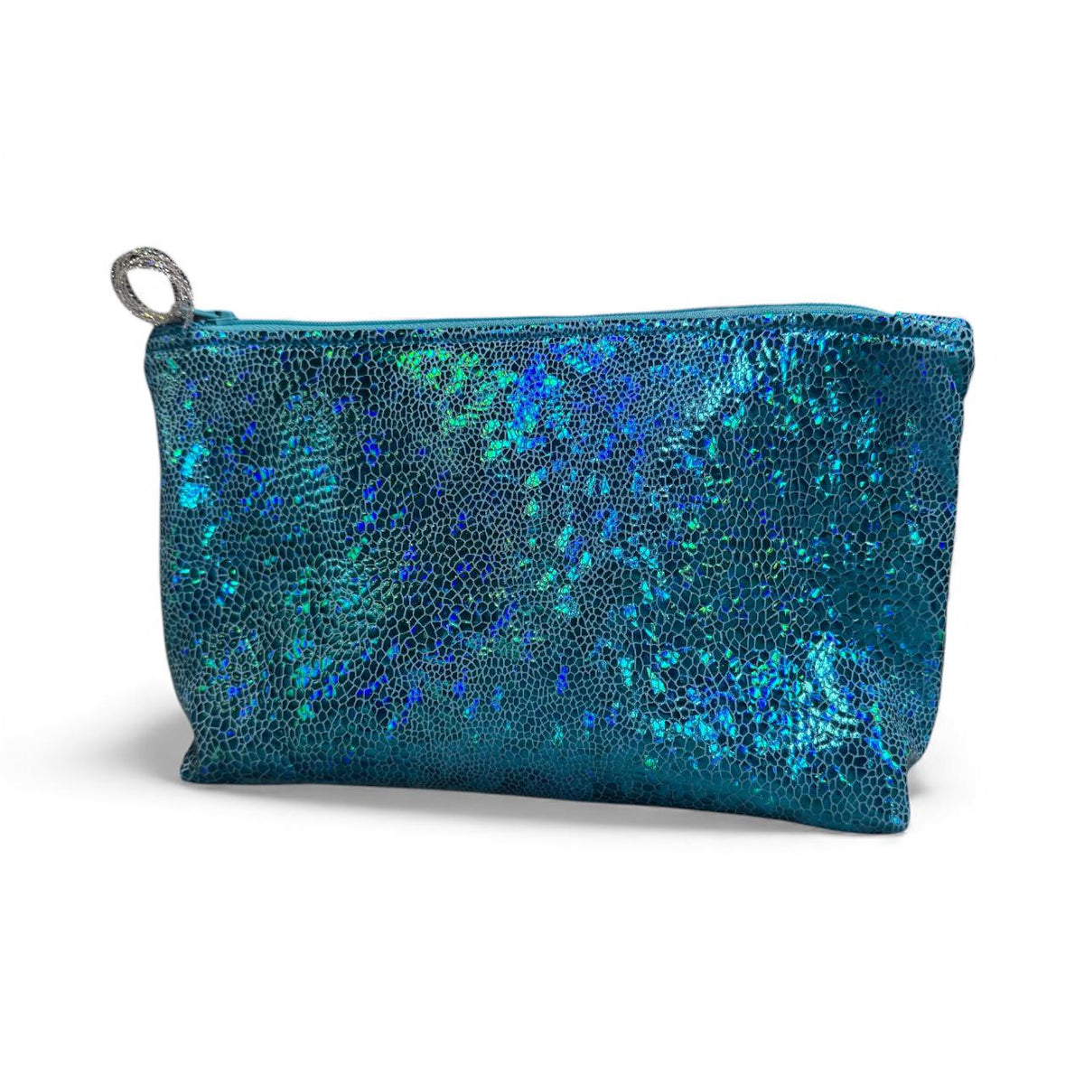 Handmade blue holographic makeup bag with zipper closure on a white background