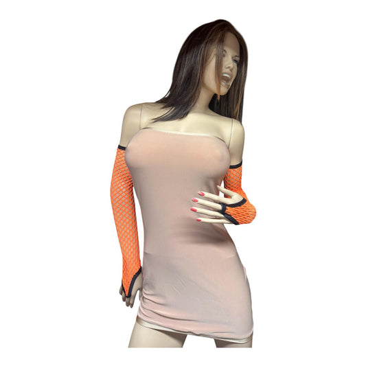 Orange Mesh Arm Warmers with Finger Loop, Black Trim, Halloween Costume Accessories
